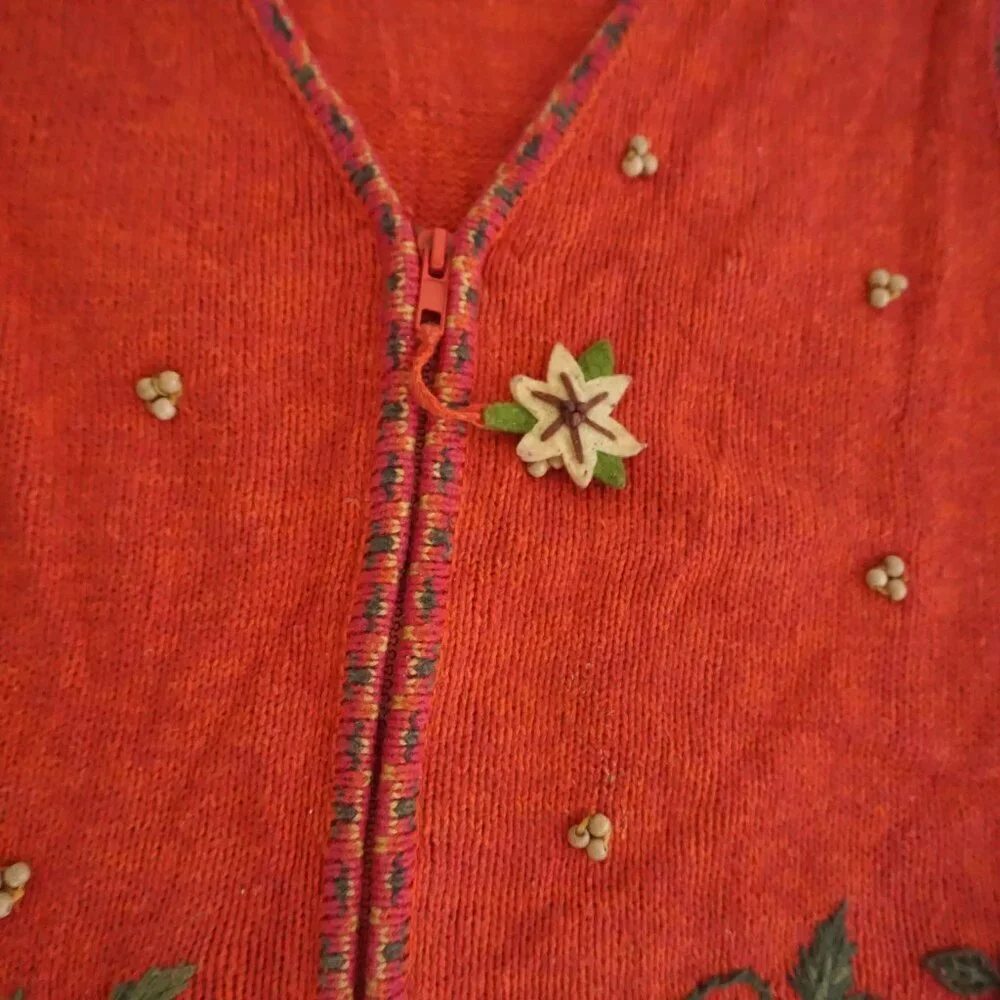 Vintage Tiara Orange Embroidered Pumpkin Harvest Halloween Folk Art Zip Vest L - Picture 9 of 9
